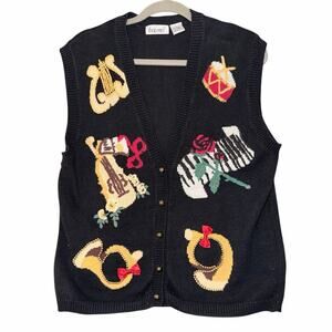 Vintage that’s me black cotton ramie sweater vest button front large musical
